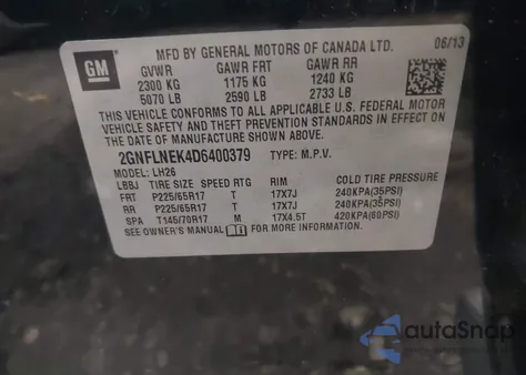 2013 Chevrolet Equinox 2Lt from USA, damaged, VIN 2GNFLNEK4D6400379